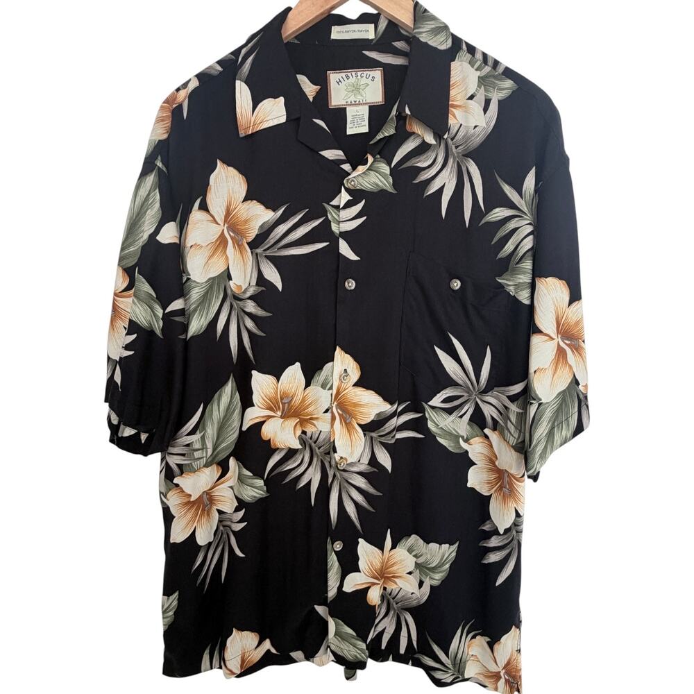 Vintage Hibiscus Hawaii Rayon Hawaiian Shirt Mens Large Black Floral Aloha Camp